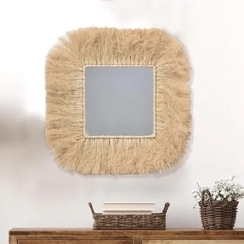 FLCPJGV Miroir de Ferme en Paille tressée, Miroir décoratif, Miroir bohème pour Salle de Bain et Appartement, CarrÉ