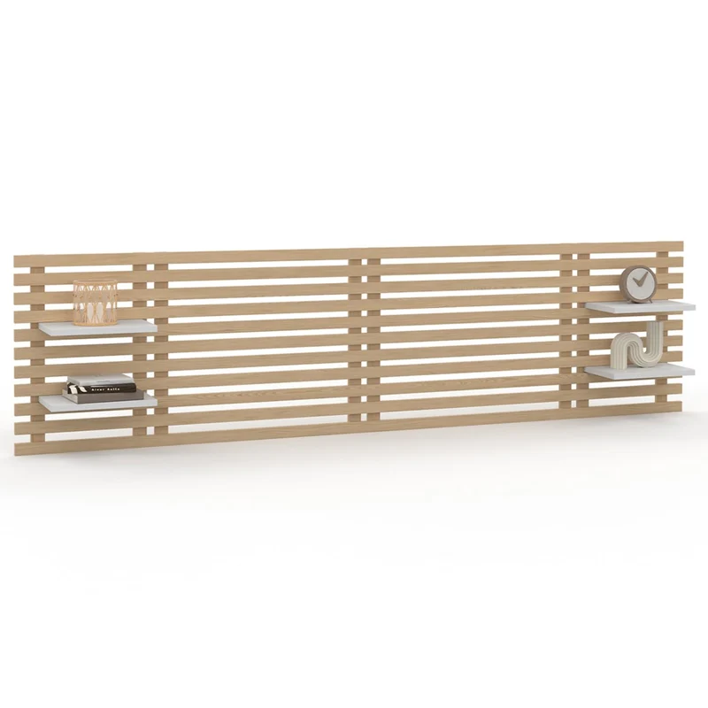 IDMarket - Tête de lit Suspendue en Lattes AVA 240 cm Bois Clair et étagères Blanches