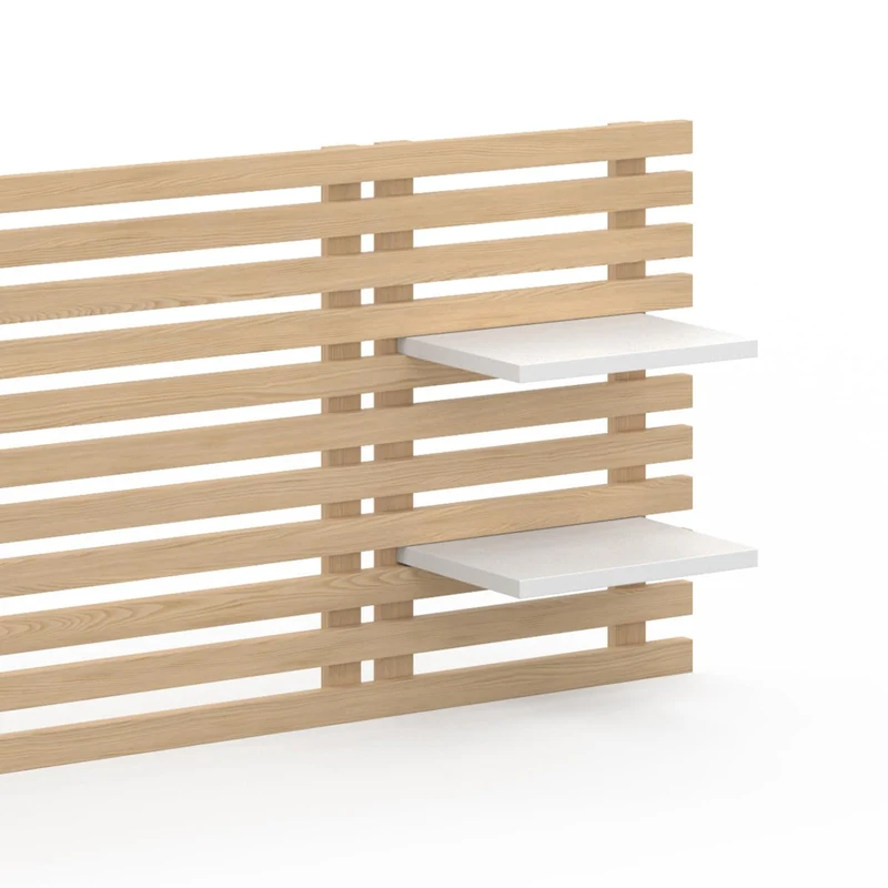 IDMarket - Tête de lit Suspendue en Lattes AVA 240 cm Bois Clair et étagères Blanches