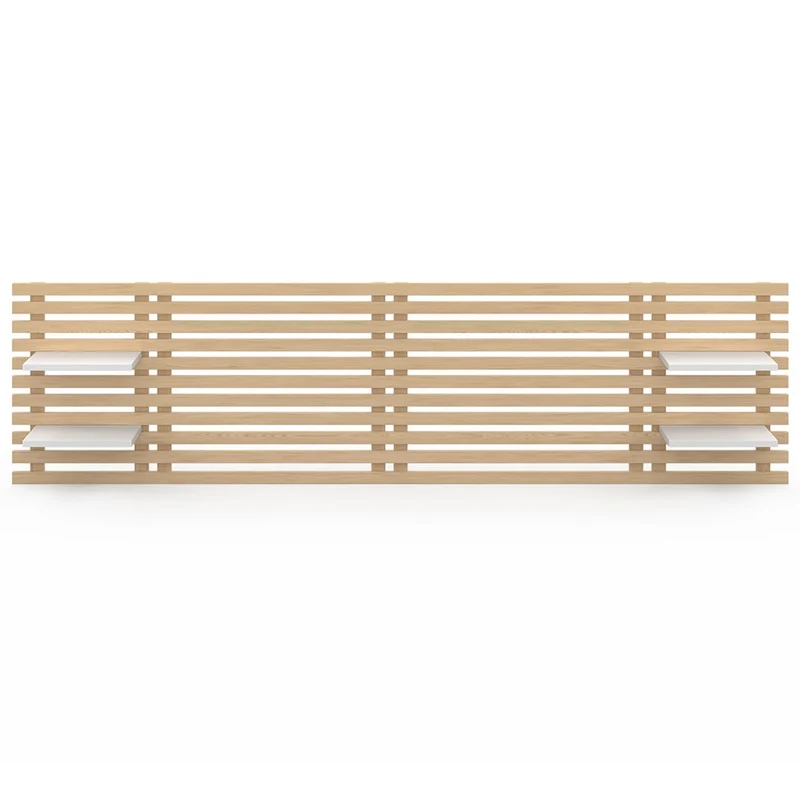IDMarket - Tête de lit Suspendue en Lattes AVA 240 cm Bois Clair et étagères Blanches