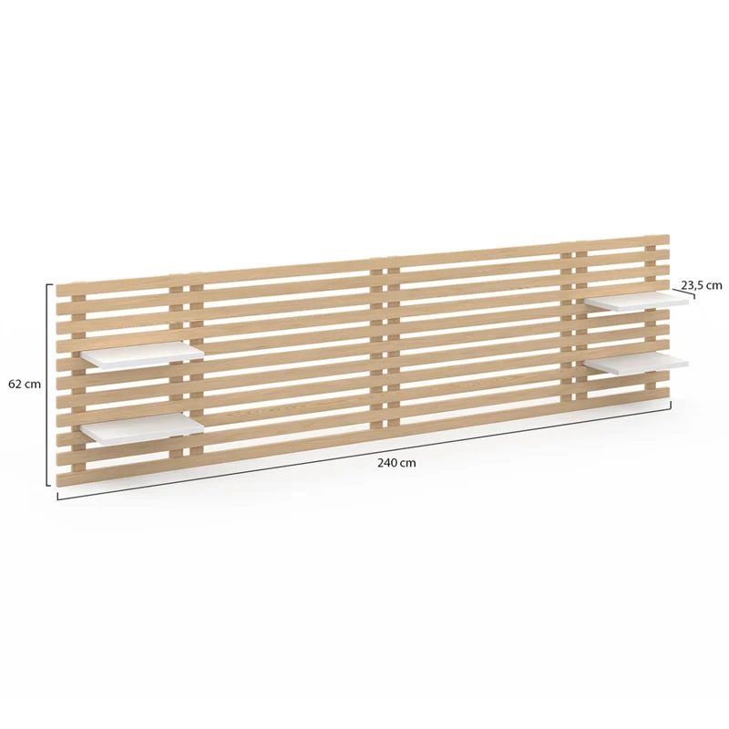 IDMarket - Tête de lit Suspendue en Lattes AVA 240 cm Bois Clair et étagères Blanches