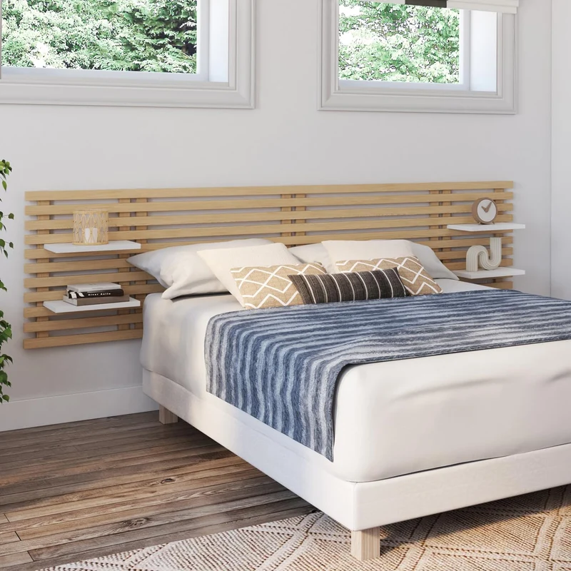IDMarket - Tête de lit Suspendue en Lattes AVA 240 cm Bois Clair et étagères Blanches