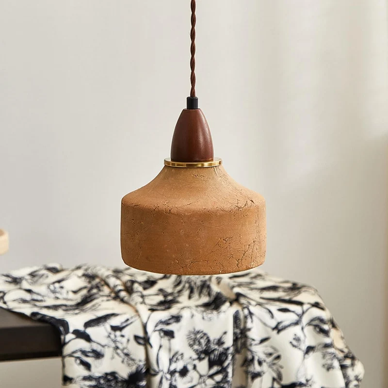 MODEBHD Lampe à suspension simple en béton Wabi Sabi Lampe à suspension en céramique couleur café, Lampe à suspension en bois massif de style japonais Lampe à suspension réglable en terre cuite du mil
