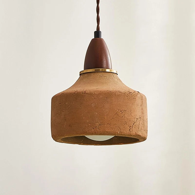 MODEBHD Lampe à suspension simple en béton Wabi Sabi Lampe à suspension en céramique couleur café, Lampe à suspension en bois massif de style japonais Lampe à suspension réglable en terre cuite du mil