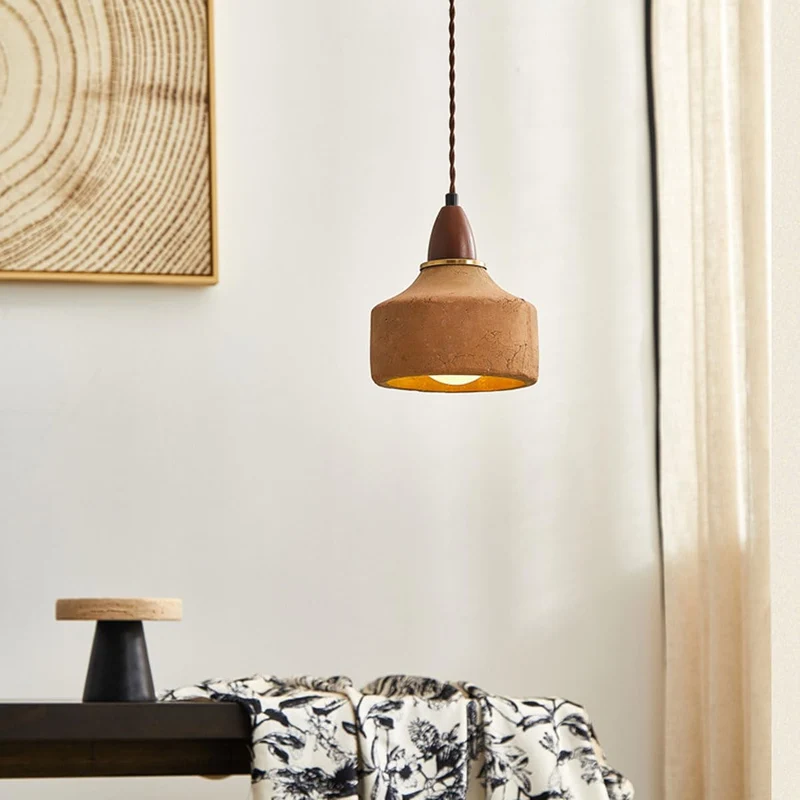 MODEBHD Lampe à suspension simple en béton Wabi Sabi Lampe à suspension en céramique couleur café, Lampe à suspension en bois massif de style japonais Lampe à suspension réglable en terre cuite du mil