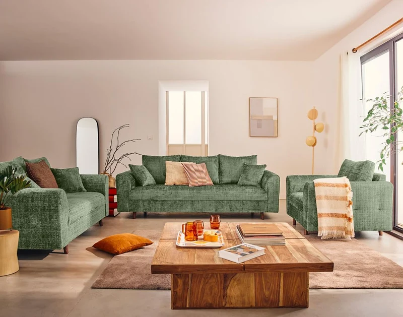 Lisa Design - Rune - canapé Droit 3 Places en Velours texturé, Vert Sauge