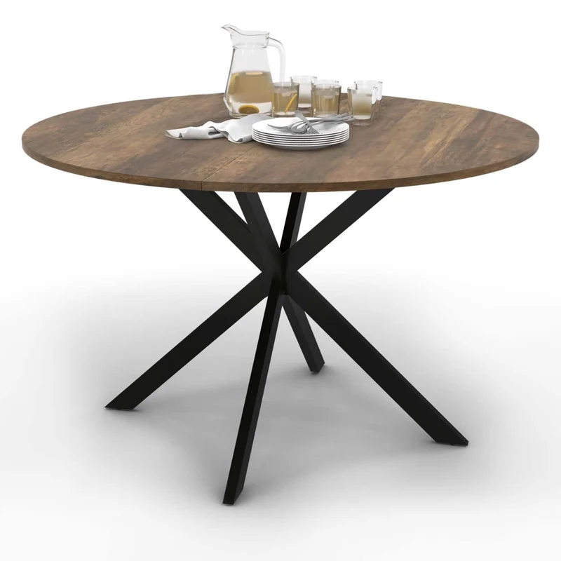 IDMarket - Table à Manger Ronde Alix 6 Personnes Pied araignée Noir et Plateau Bois foncé Hawkins 110 cm
