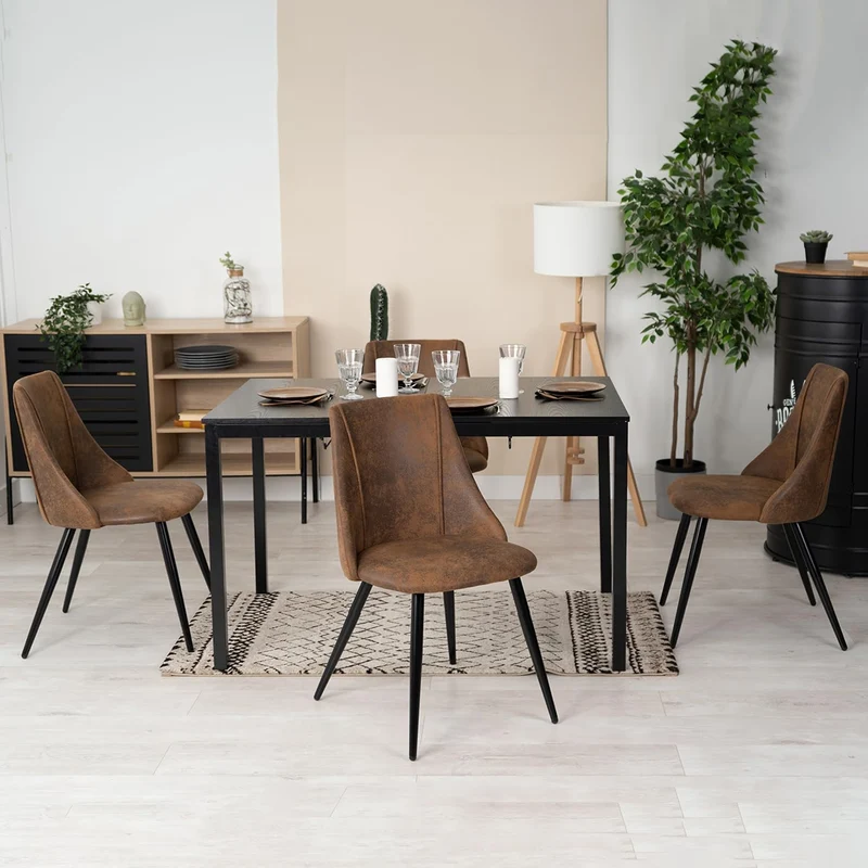 MEUBLE COSY Lot de 4 Chaises de Salle à Manger Rétro Fauteuil Assise rembourrée en suédine Pieds en métal pour Cuisine Salon Chambre Bureau, Style Industriel, Marron, 52,5x49,5x83cm