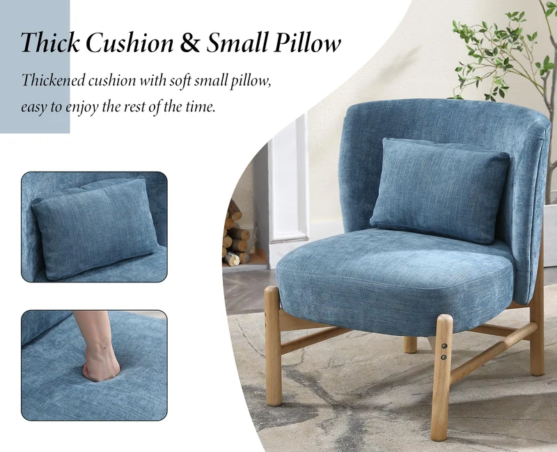 chairus Fauteuil Relax Salon avec Oreiller Lombaire Chaise de Salon en Chenille Fauteuil Scandinave sans Accoudoirs pour Salle à Manger, Bureau, Chambre (Bleu)