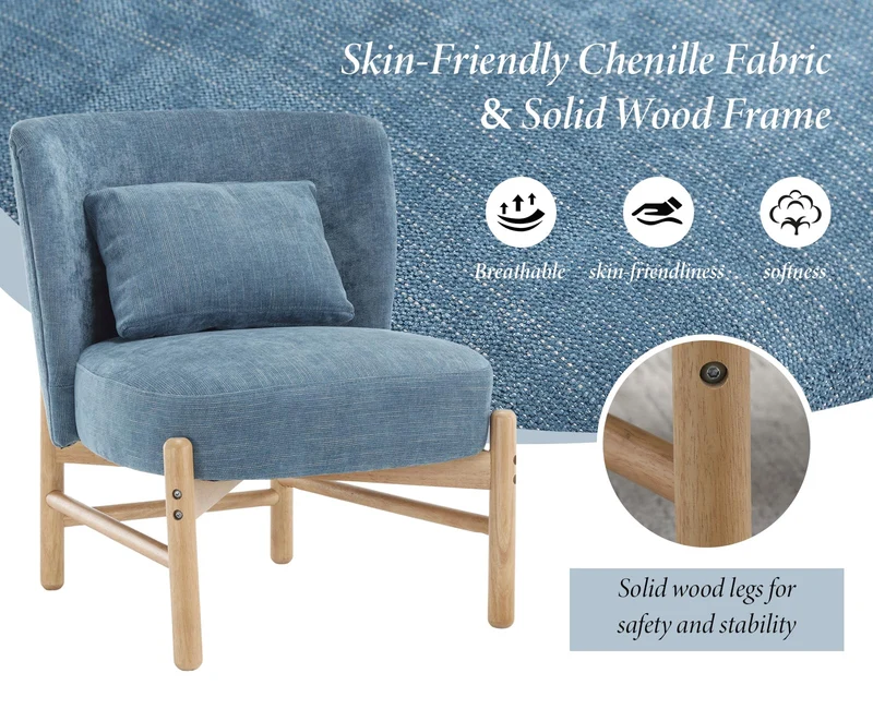 chairus Fauteuil Relax Salon avec Oreiller Lombaire Chaise de Salon en Chenille Fauteuil Scandinave sans Accoudoirs pour Salle à Manger, Bureau, Chambre (Bleu)