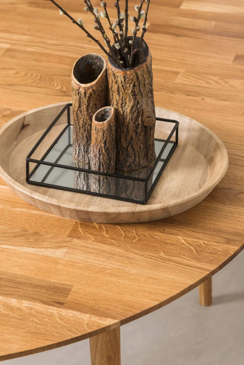 NORDICSTORY Escandi 4 Table de salle à manger nordique extensible ronde 120-155 cm, chêne massif, idéale pour cuisine, salon, meubles design nordique, couleur chêne naturel