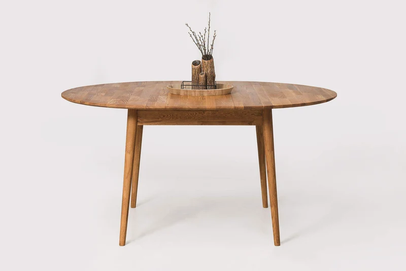 NORDICSTORY Escandi 4 Table de salle à manger nordique extensible ronde 120-155 cm, chêne massif, idéale pour cuisine, salon, meubles design nordique, couleur chêne naturel