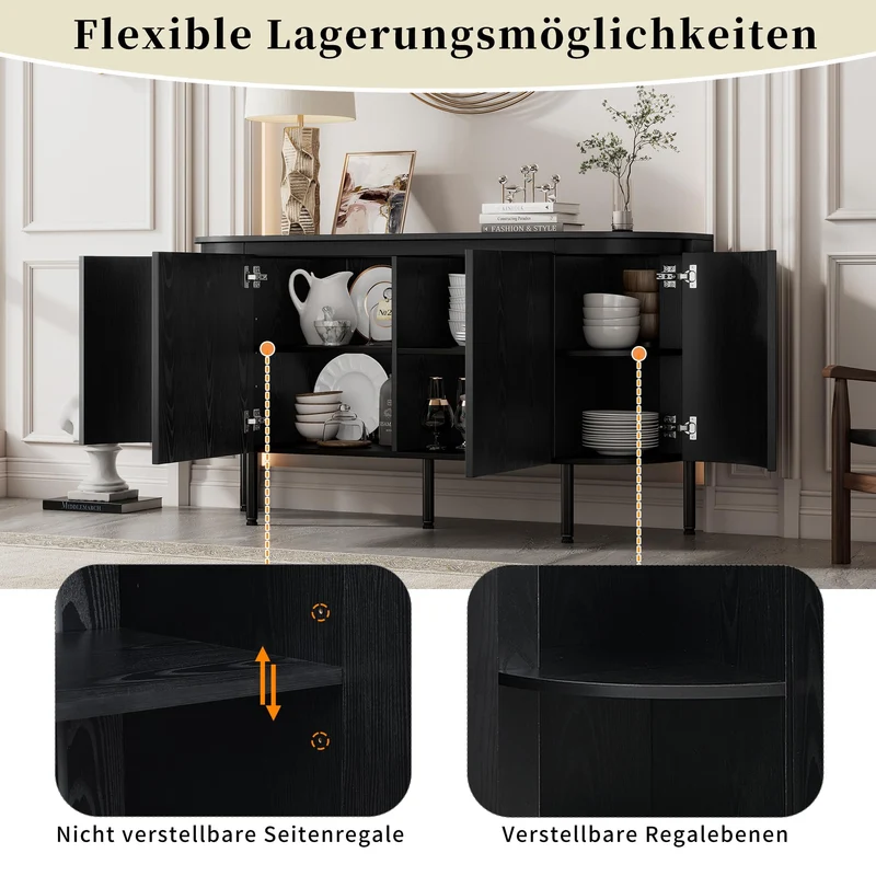 Merax Buffet moderne en bois 145 x 43 x 78 cm avec étagères réglables et pieds en métal, idéal pour le salon et la salle à manger, noir