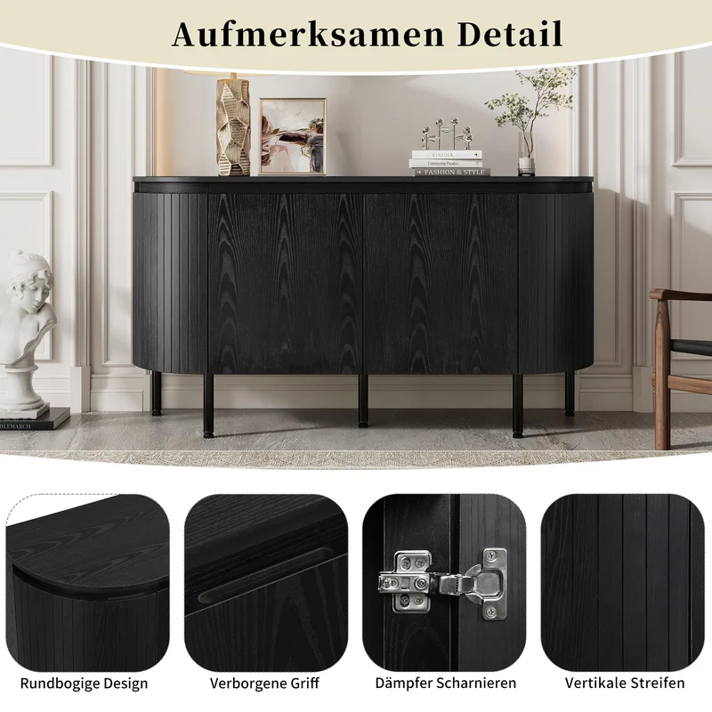 Merax Buffet moderne en bois 145 x 43 x 78 cm avec étagères réglables et pieds en métal, idéal pour le salon et la salle à manger, noir