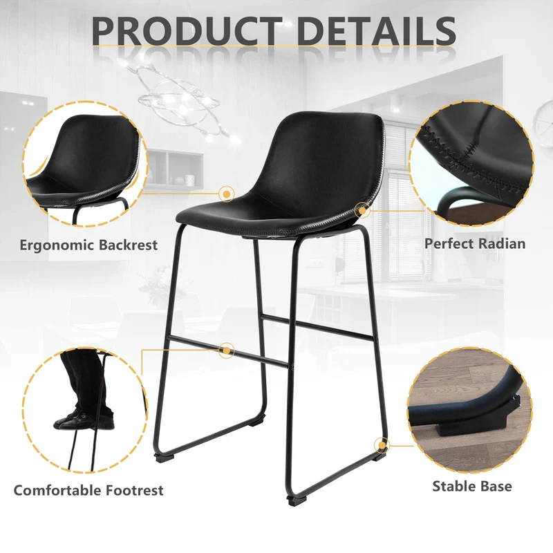 RFIVER Lot de 2 Tabouret de Bar, Chaise de Salle à Manger de Style Vintage Confortable avec Siège en Cuir PU et Base en Métal Robuste pour Cuisine Salon, Noir
