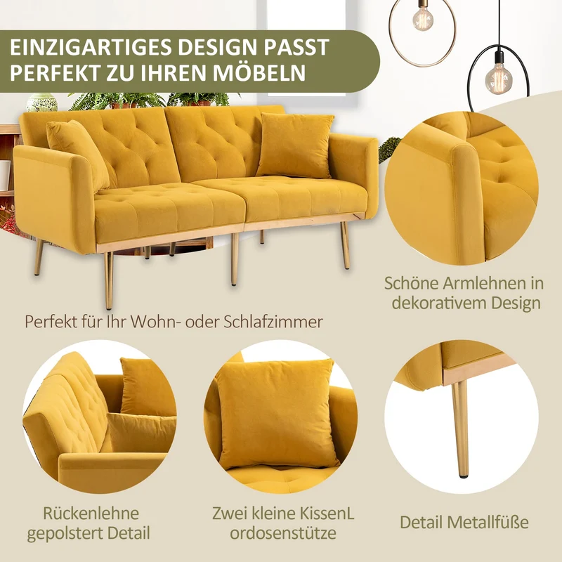 DMJLI-T Canaper, Canapé Convertible 3 Places, Dossier Inclinable 3 Positions, Canapé Lit pour Le Jour et la Nuit, Peu Encombrant et Uni Convient pour Adultes et Adolescents,Yellow