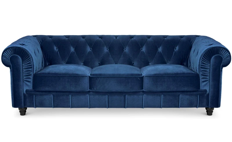 Menzzo Grand canapé 3 Places Chesterfield Velours Bleu