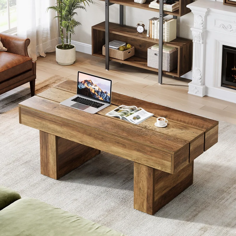 Tribesigns Table basse rectangulaire de 120 cm avec plateau à lattes et base épaisse, table à thé rustique en bois pour salon, appartement, marron