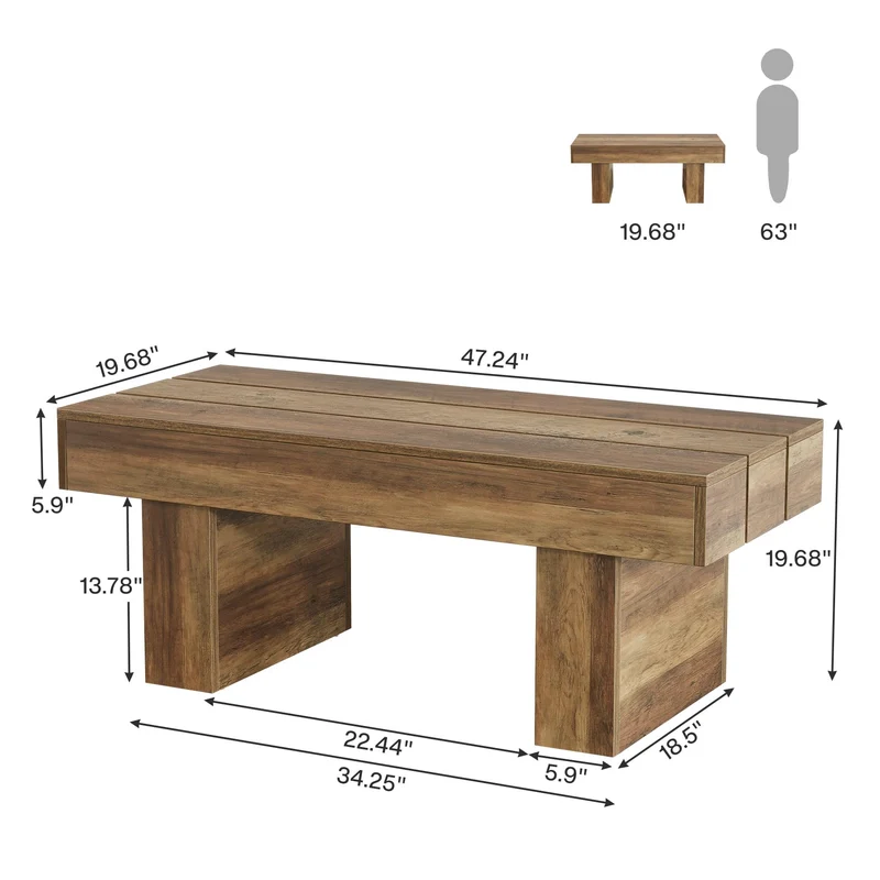 Tribesigns Table basse rectangulaire de 120 cm avec plateau à lattes et base épaisse, table à thé rustique en bois pour salon, appartement, marron