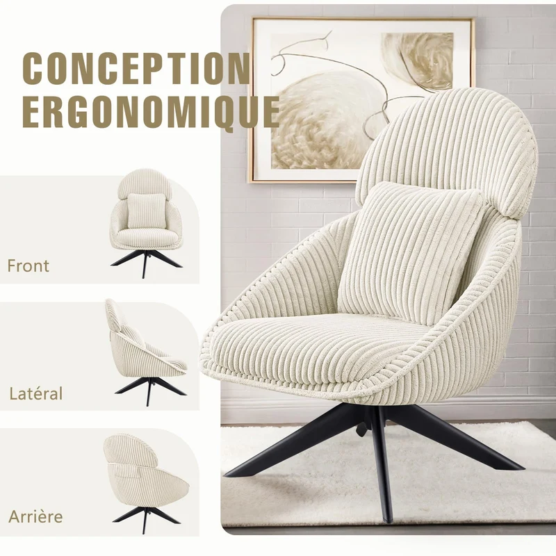 Ckaff Fauteuil Salon Relax Pivotant à 360°, Fauteuil Rembourré Chambre à Coucher avec Coussin épais Amovible, Fauteuil de Bureau Fauteuil de Lecture pour Salon Chambre à Coucher Bureau, Beige
