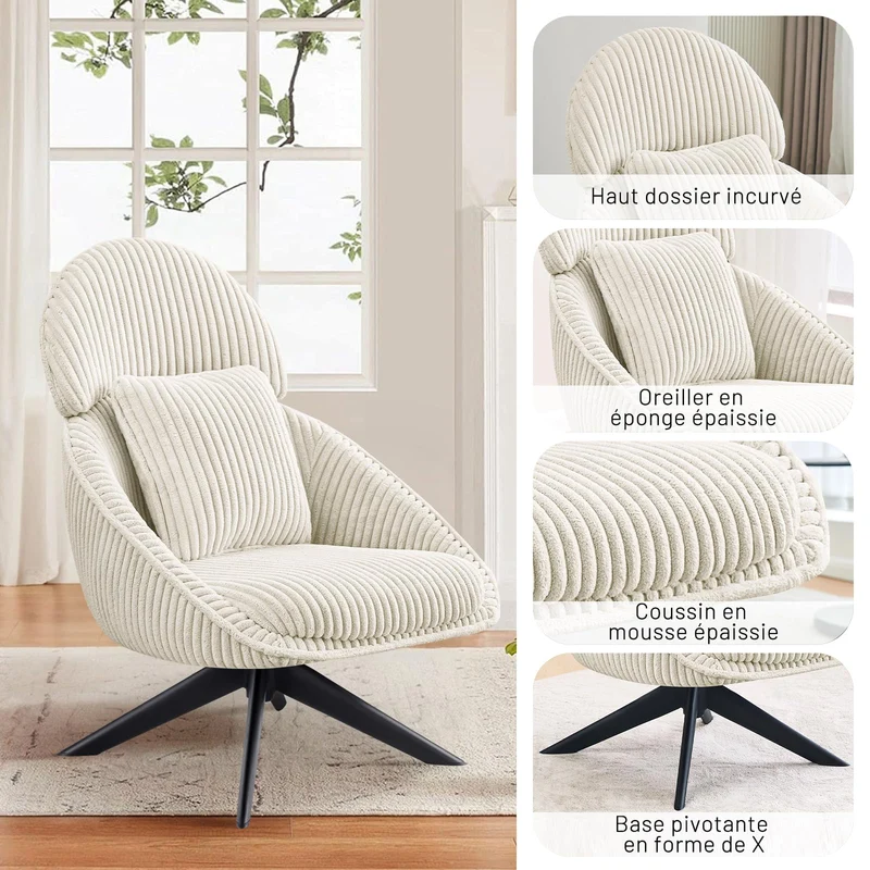 Ckaff Fauteuil Salon Relax Pivotant à 360°, Fauteuil Rembourré Chambre à Coucher avec Coussin épais Amovible, Fauteuil de Bureau Fauteuil de Lecture pour Salon Chambre à Coucher Bureau, Beige