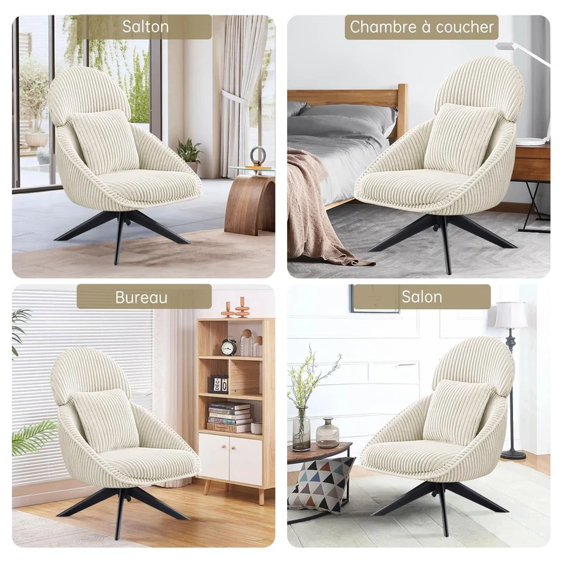Ckaff Fauteuil Salon Relax Pivotant à 360°, Fauteuil Rembourré Chambre à Coucher avec Coussin épais Amovible, Fauteuil de Bureau Fauteuil de Lecture pour Salon Chambre à Coucher Bureau, Beige