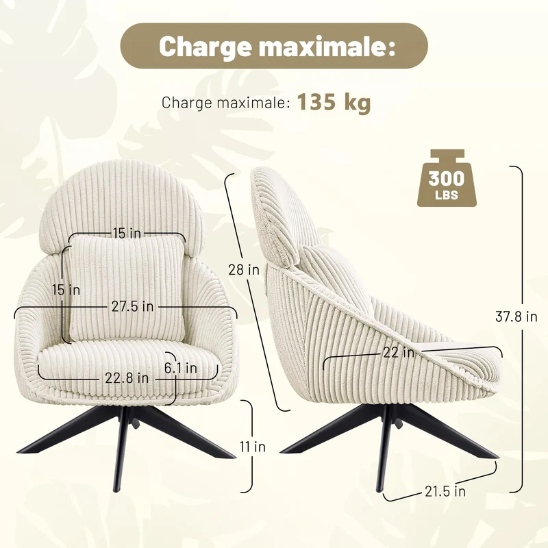 Ckaff Fauteuil Salon Relax Pivotant à 360°, Fauteuil Rembourré Chambre à Coucher avec Coussin épais Amovible, Fauteuil de Bureau Fauteuil de Lecture pour Salon Chambre à Coucher Bureau, Beige