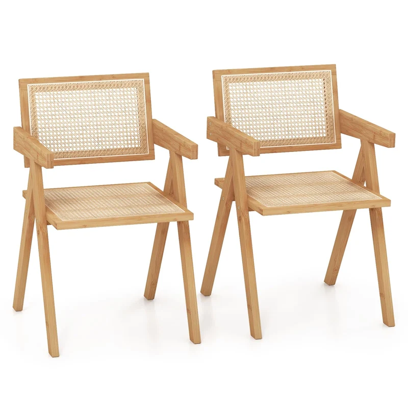 RELAX4LIFE Lot de 2 Chaise Salle a Manger en Bambou, Chaise Cannage Rotin avec Accoudoirs, Dossier Incurvé, Chaise Bois Chandigarh pour Salon Café Bar, Hauteur d’Assise 45 CM (2)