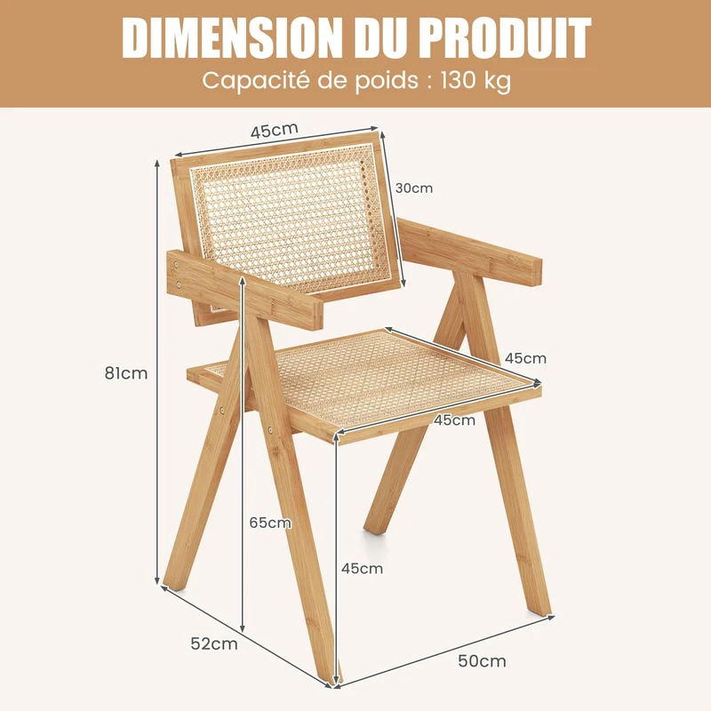 RELAX4LIFE Lot de 2 Chaise Salle a Manger en Bambou, Chaise Cannage Rotin avec Accoudoirs, Dossier Incurvé, Chaise Bois Chandigarh pour Salon Café Bar, Hauteur d’Assise 45 CM (2)