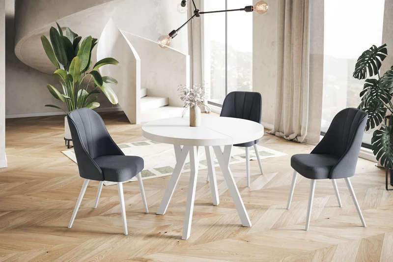AlpiMeble Table de salle à manger ronde OVO, table extensible diamètre : 80 cm à 130 cm, table de salon, couleur : blanc, avec pieds en bois de couleur blanche