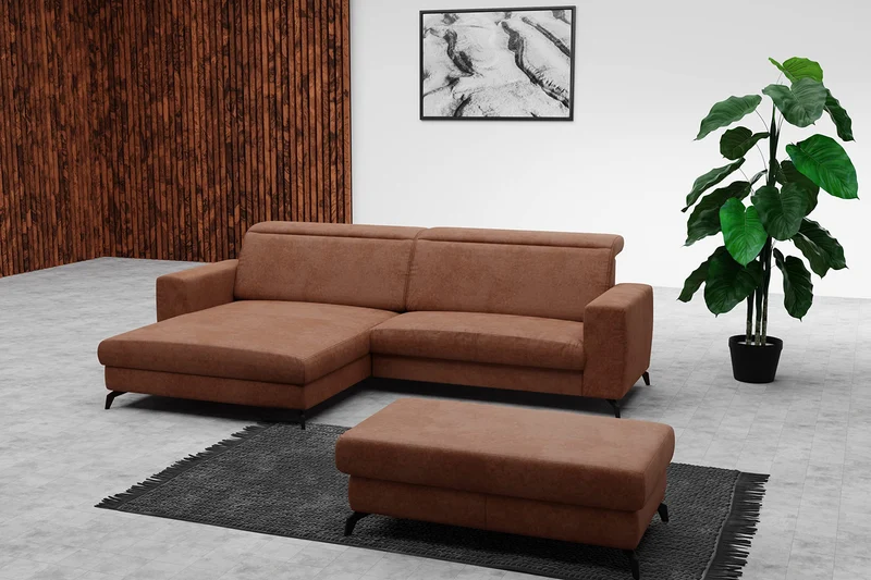 CAVADORE Canapé d'angle Bounce Aspect Cuir Vintage/Canapé d'angle avec Chaise Longue + Pieds Métal Noir Mat / 290x88x178 / Microfibre Marron Selle