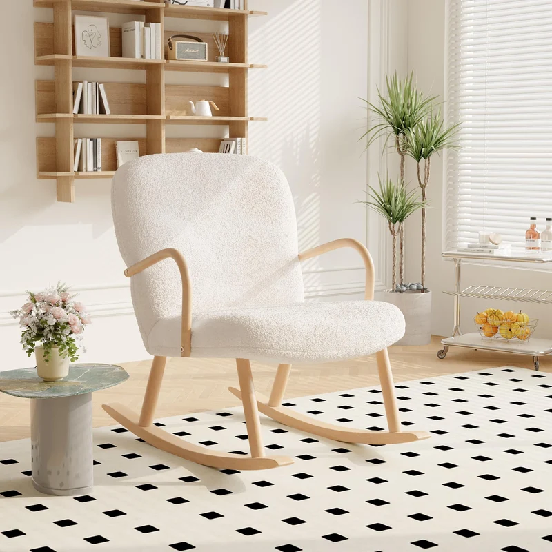 LONELYO Rocking Chair Sherpa Blanc cassé avec accoudoirs en Bois, avec Pieds en hêtre Massif, Convient pour Salon Chambre Appartement (Pas de pédales)