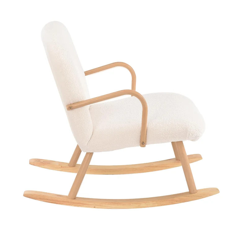LONELYO Rocking Chair Sherpa Blanc cassé avec accoudoirs en Bois, avec Pieds en hêtre Massif, Convient pour Salon Chambre Appartement (Pas de pédales)