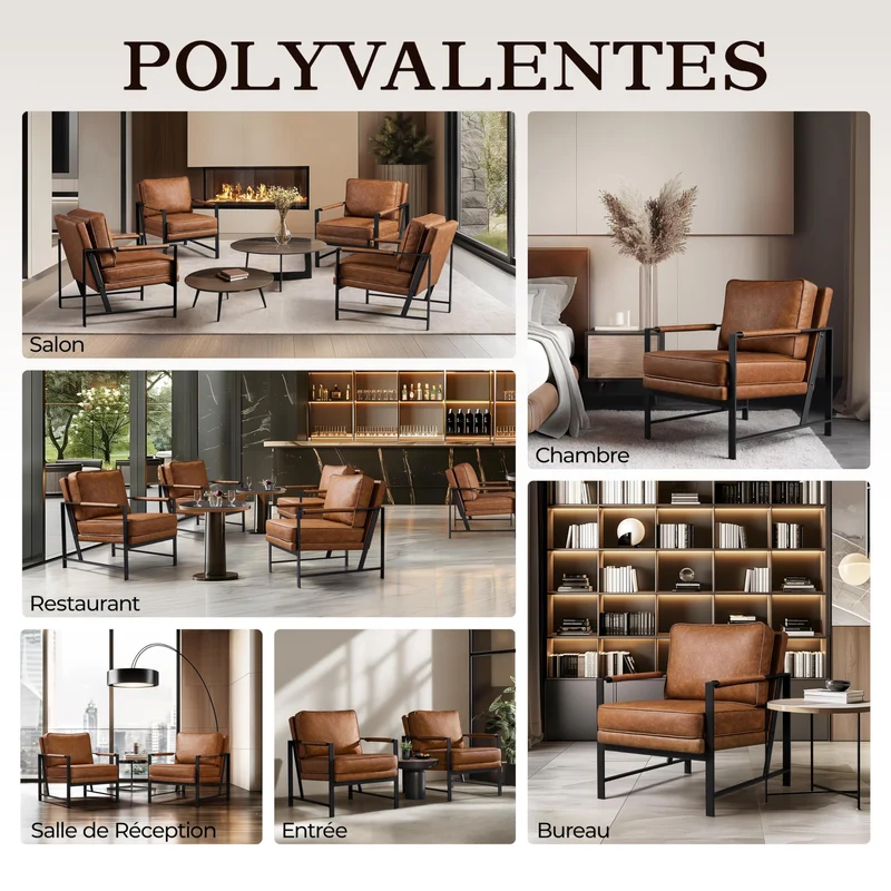 Yaheetech Fauteuil de Salon Moderne Fauteuil d'appoint Design avec Coussins Rembourrés Cadre en métal Fauteuil de Lecture Confortable Marron Clair
