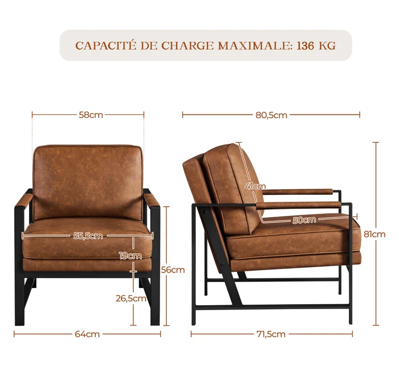 Yaheetech Fauteuil de Salon Moderne Fauteuil d'appoint Design avec Coussins Rembourrés Cadre en métal Fauteuil de Lecture Confortable Marron Clair
