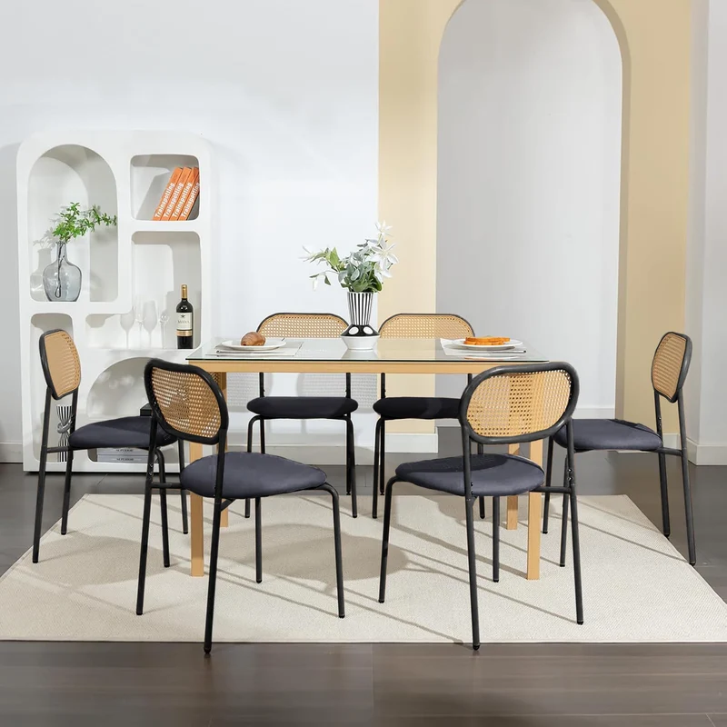 ZHDOKA Chaise Salle a Manger Lot de 2, Dossier Rotin Cannage, Siège Rembourré en Similicuir, Pieds en Métal, Chaises de Cuisine Modernes, Chaise en Bois Salle a Manger pour Salon, Cuisine