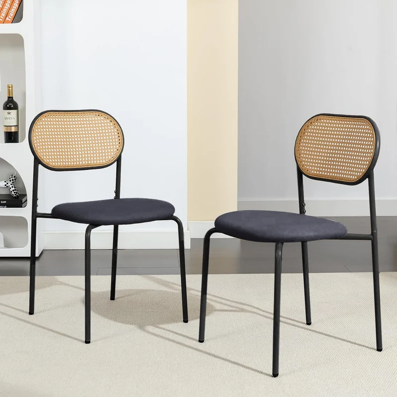 ZHDOKA Chaise Salle a Manger Lot de 2, Dossier Rotin Cannage, Siège Rembourré en Similicuir, Pieds en Métal, Chaises de Cuisine Modernes, Chaise en Bois Salle a Manger pour Salon, Cuisine
