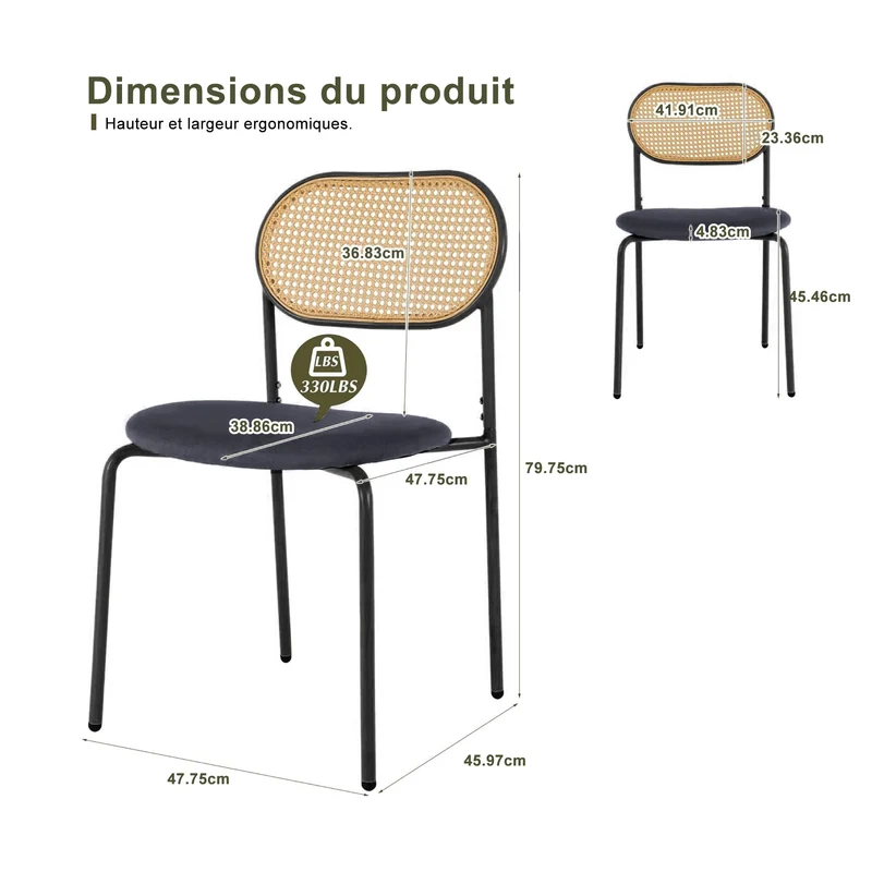 ZHDOKA Chaise Salle a Manger Lot de 2, Dossier Rotin Cannage, Siège Rembourré en Similicuir, Pieds en Métal, Chaises de Cuisine Modernes, Chaise en Bois Salle a Manger pour Salon, Cuisine