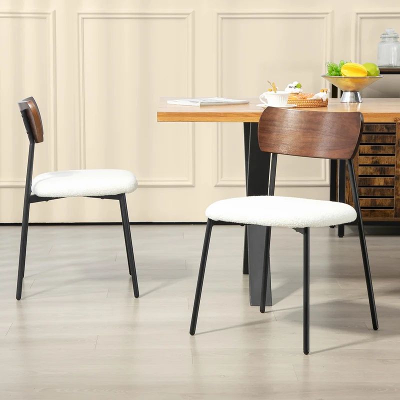HOMCOM Lot de 2 chaises Salle à Manger Chaise de Cuisine Vintage Chaise de Salon rembourrée avec Assise Effet Bouclette, Dossier courbé Effet Bois pour Salon, Salle à Manger, Chambre, crème et Marron