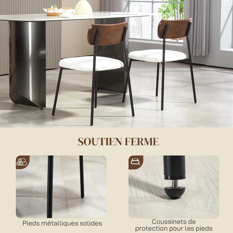 HOMCOM Lot de 2 chaises Salle à Manger Chaise de Cuisine Vintage Chaise de Salon rembourrée avec Assise Effet Bouclette, Dossier courbé Effet Bois pour Salon, Salle à Manger, Chambre, crème et Marron