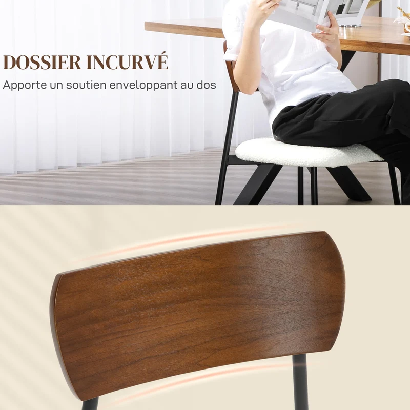 HOMCOM Lot de 2 chaises Salle à Manger Chaise de Cuisine Vintage Chaise de Salon rembourrée avec Assise Effet Bouclette, Dossier courbé Effet Bois pour Salon, Salle à Manger, Chambre, crème et Marron