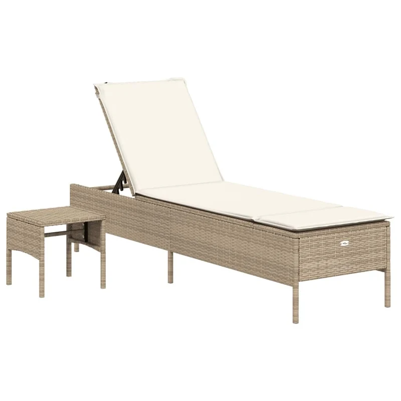 vidaXL Chaise Longue avec Table et Coussin Beige résine tressée, transat, lit de Repos de Jardin, Meuble d'extérieur, Chaise Longue d'extérieur
