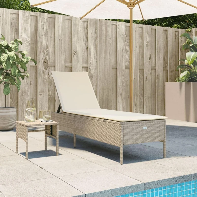 vidaXL Chaise Longue avec Table et Coussin Beige résine tressée, transat, lit de Repos de Jardin, Meuble d'extérieur, Chaise Longue d'extérieur