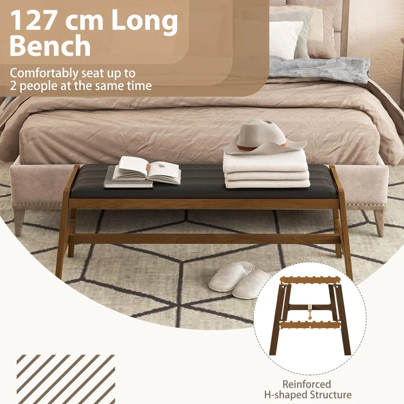 HOMASIS Banc rembourré en bois massif avec siège en PVC et mousse - Charge maximale : 150 kg - Banc de salle à manger pour salle à manger, cuisine, salon, noyer et noir