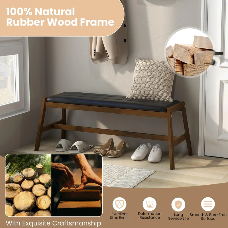 HOMASIS Banc rembourré en bois massif avec siège en PVC et mousse - Charge maximale : 150 kg - Banc de salle à manger pour salle à manger, cuisine, salon, noyer et noir