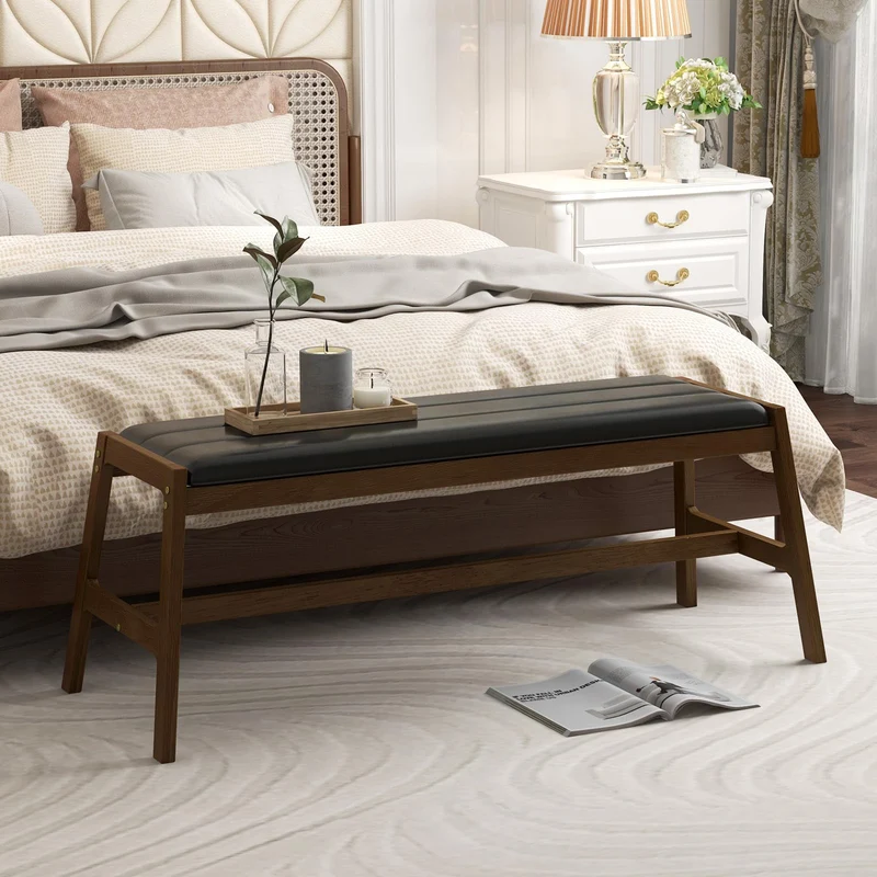 HOMASIS Banc rembourré en bois massif avec siège en PVC et mousse - Charge maximale : 150 kg - Banc de salle à manger pour salle à manger, cuisine, salon, noyer et noir