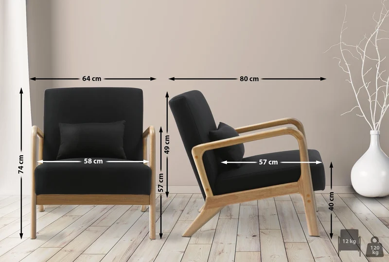 CLP Fauteuil Relax Hibbing I Fauteuil rembourré en Tissu I Structure en Bois d'hévéa I Fauteuil pour Le Salon et la Chambre à Coucher, Couleur:Noir
