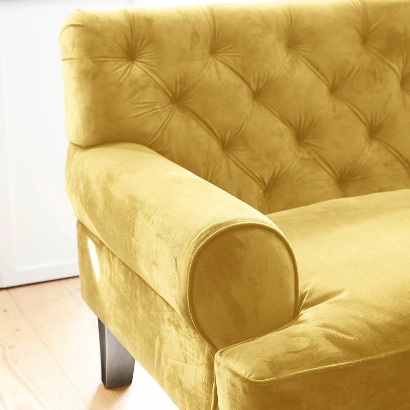 Loberon Canapé Carme, Chesterfield, surpiqué, toucher doux, aspect élégant, housses de coussin amovibles, meubles de siège, bois de manguier, velours de polyester, polyester, jaune