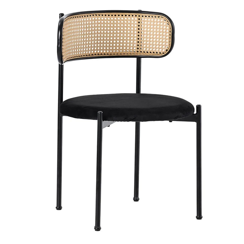 Merax Lot de 4 Chaises de Salle à Manger, Modernes Chaise Cuisine avec Dossier en Rotin et Pieds en Métal, pour Salle à Manger, Salon, Chambre, Velours, Noir