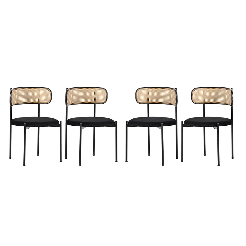 Merax Lot de 4 Chaises de Salle à Manger, Modernes Chaise Cuisine avec Dossier en Rotin et Pieds en Métal, pour Salle à Manger, Salon, Chambre, Velours, Noir